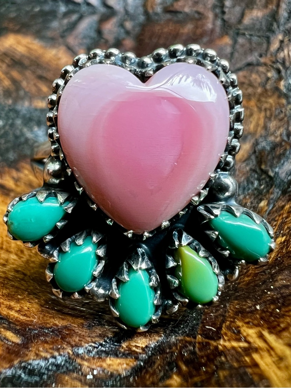 925 Sterling Pink Conch Heart Kingman Turquoise Cluster Ring Sz 8.25